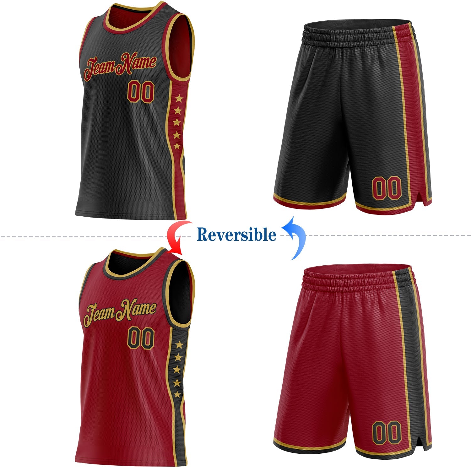 Custom Reversible Black Crimson-Old Gold Double Side Star Sublimation Basketball Set Jersey view 2