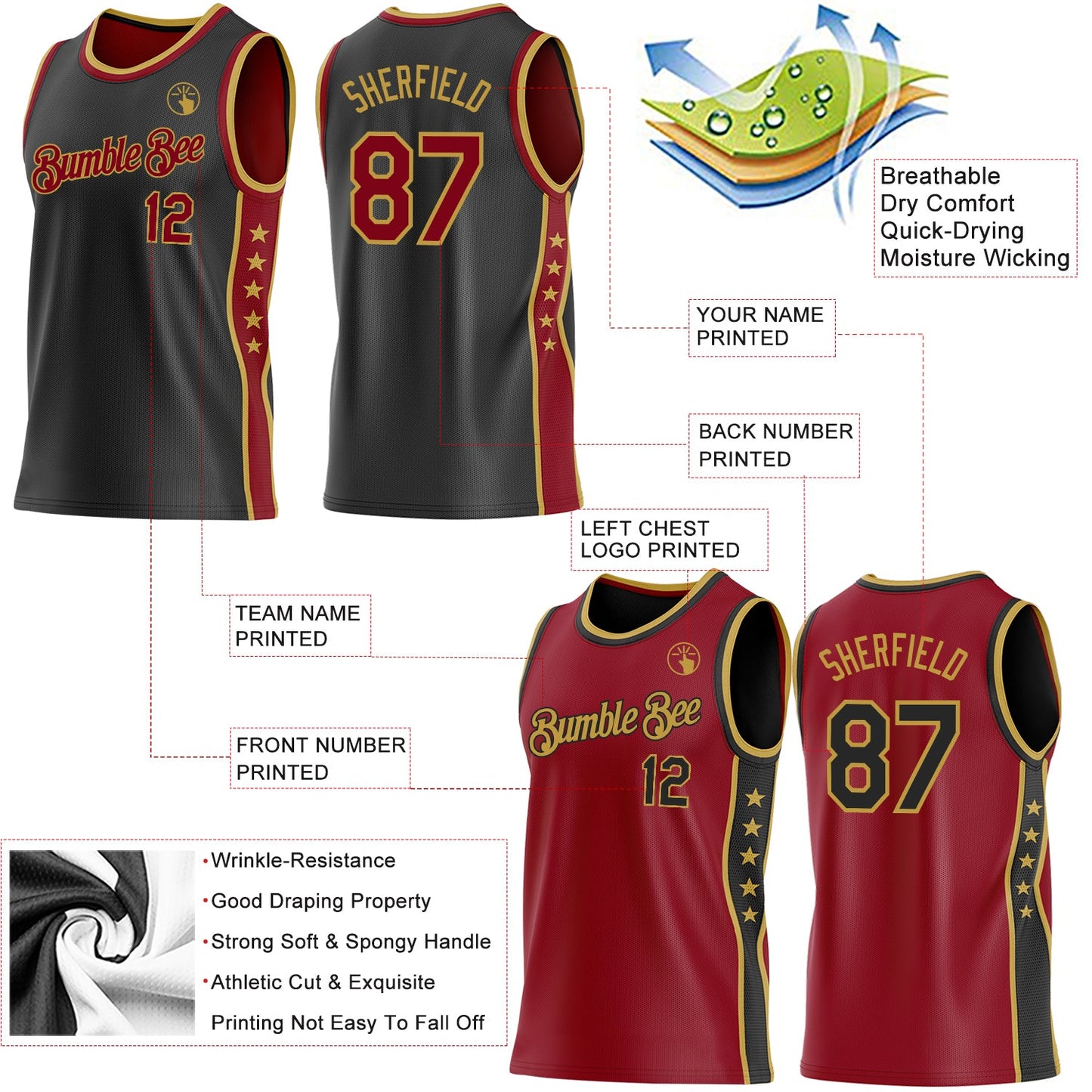 Custom Reversible Black Crimson-Old Gold Double Side Star Sublimation Basketball Set Jersey view 5