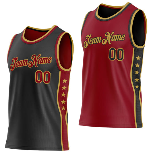 Custom Reversible Black Crimson-Old Gold Double Side Star Sublimation Basketball Set Jersey - Main View