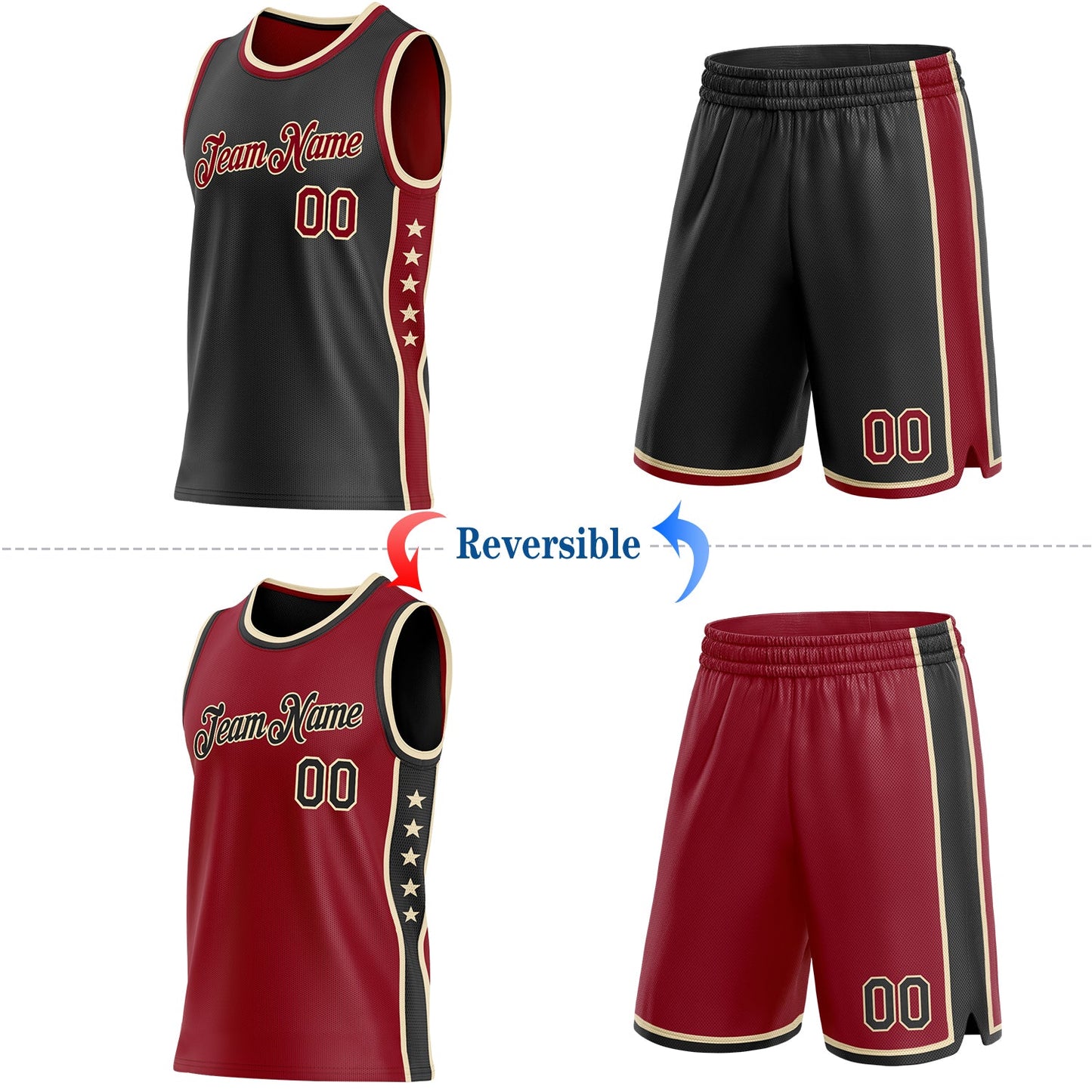 Custom Reversible Black Crimson-Cream Double Side Star Sublimation Basketball Set Jersey view 2