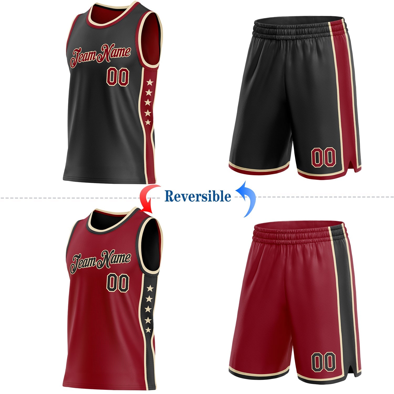 Custom Reversible Black Crimson-Cream Double Side Star Sublimation Basketball Set Jersey view 2