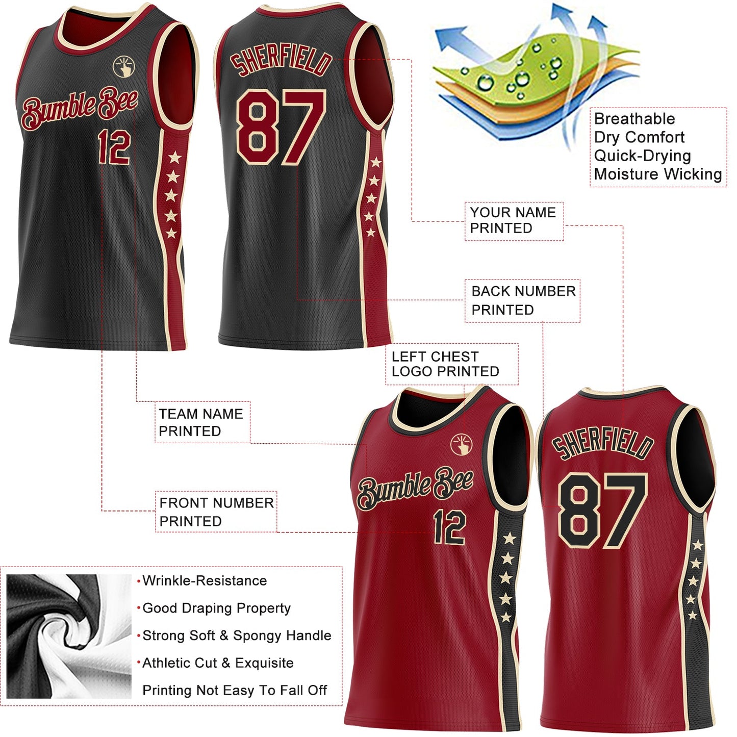 Custom Reversible Black Crimson-Cream Double Side Star Sublimation Basketball Set Jersey view 5