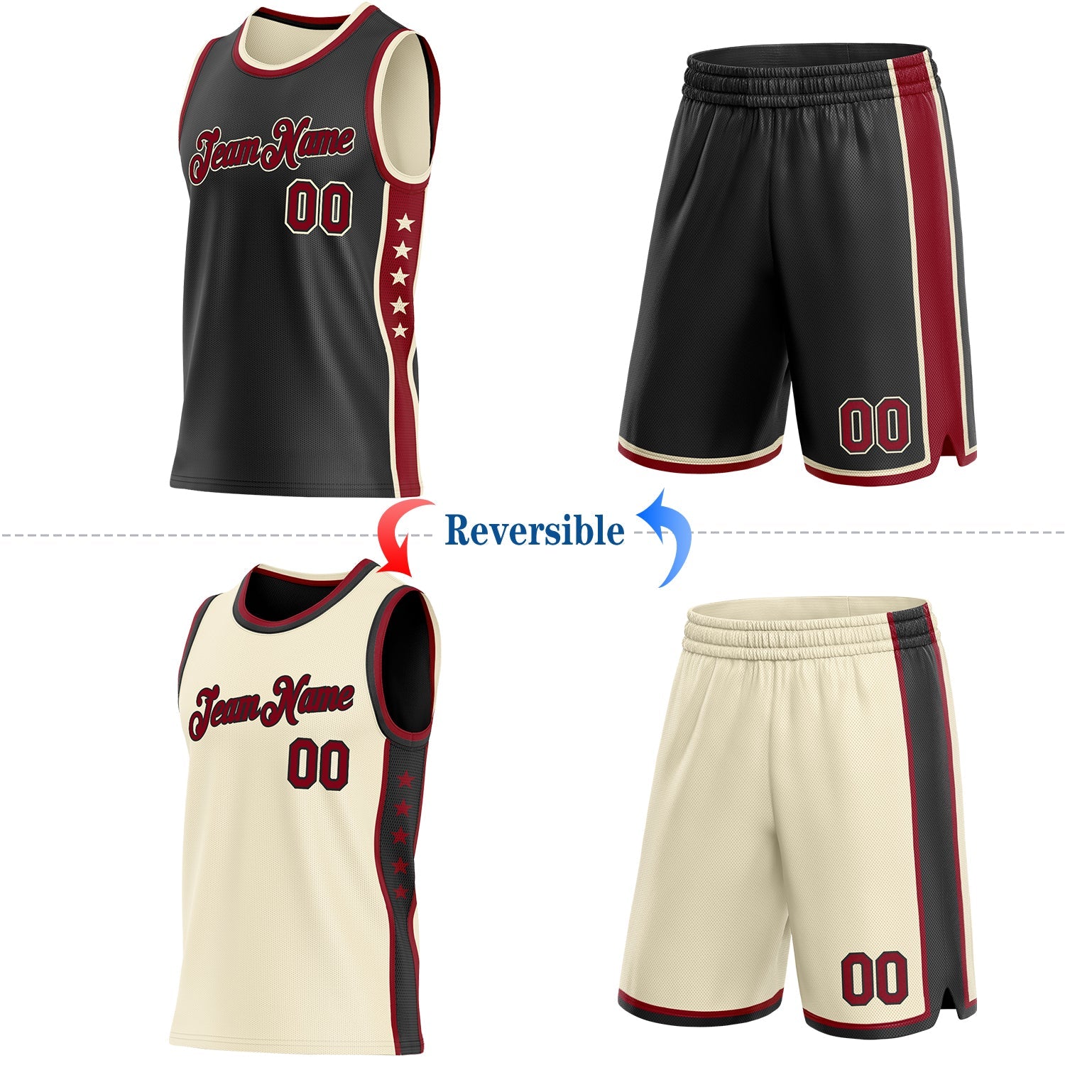 Custom Reversible Black Crimson-Cream Double Side Star Sublimation Basketball Set Jersey view 2