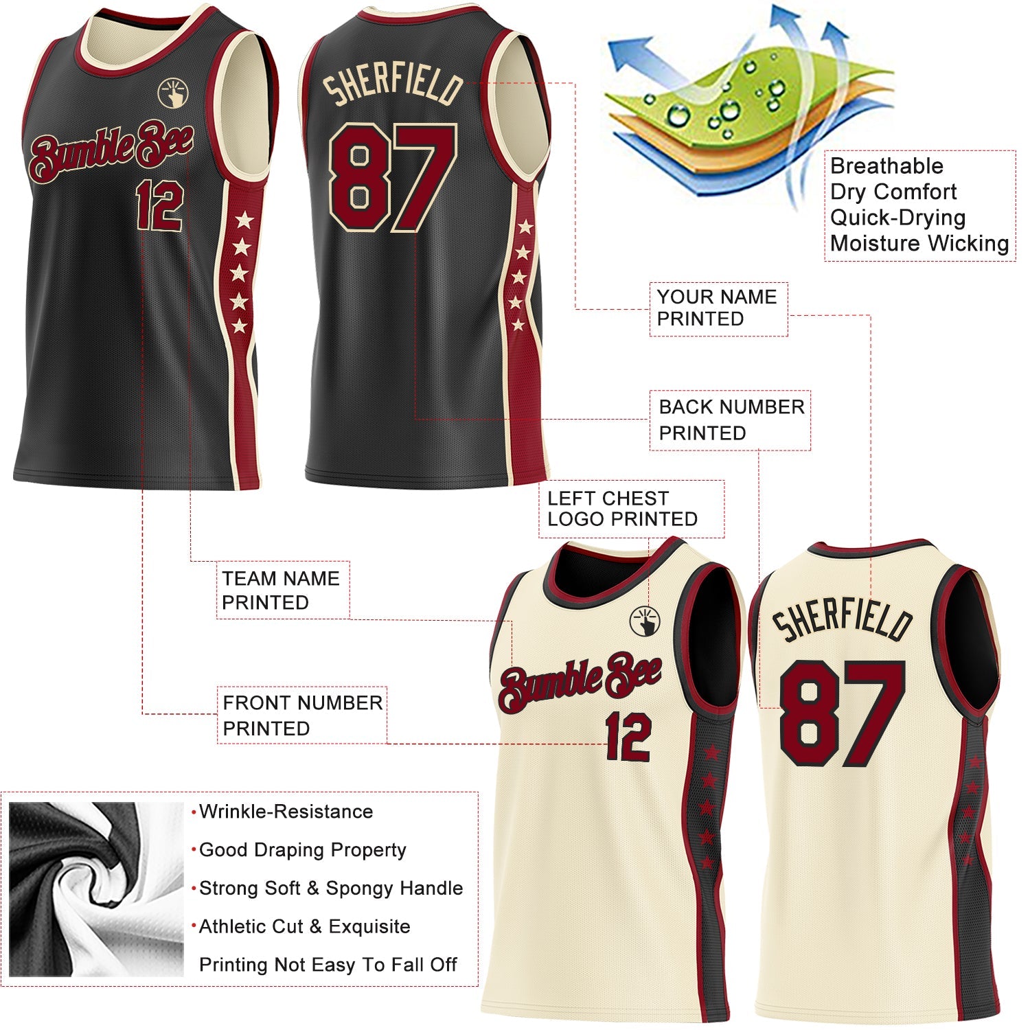 Custom Reversible Black Crimson-Cream Double Side Star Sublimation Basketball Set Jersey view 5