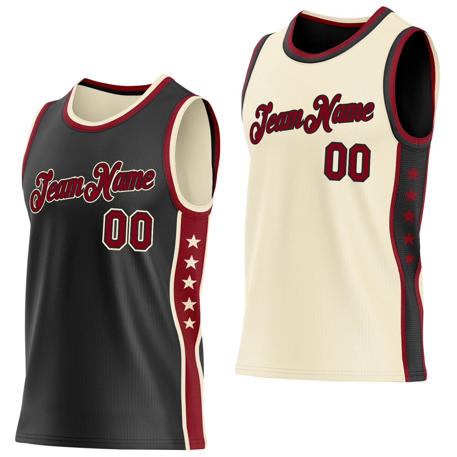Custom Reversible Black Crimson-Cream Double Side Star Sublimation Basketball Set Jersey - Main View