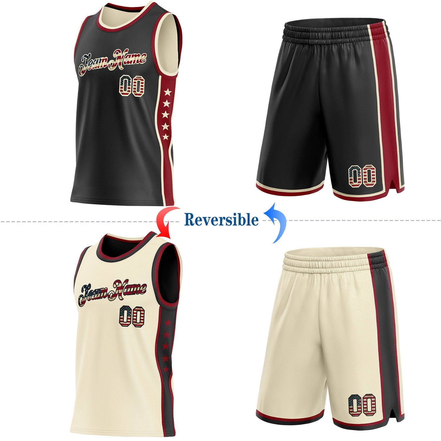 Custom Reversible Black Vintage USA Flag-Cream Double Side Star Sublimation Basketball Set Jersey view 2
