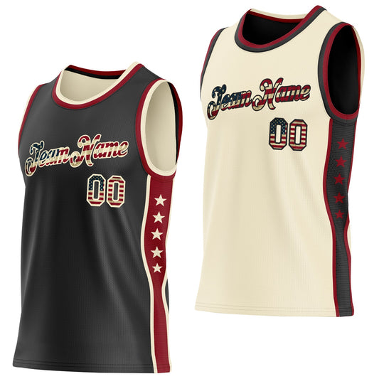 Custom Reversible Black Vintage USA Flag-Cream Double Side Star Sublimation Basketball Set Jersey - Main View