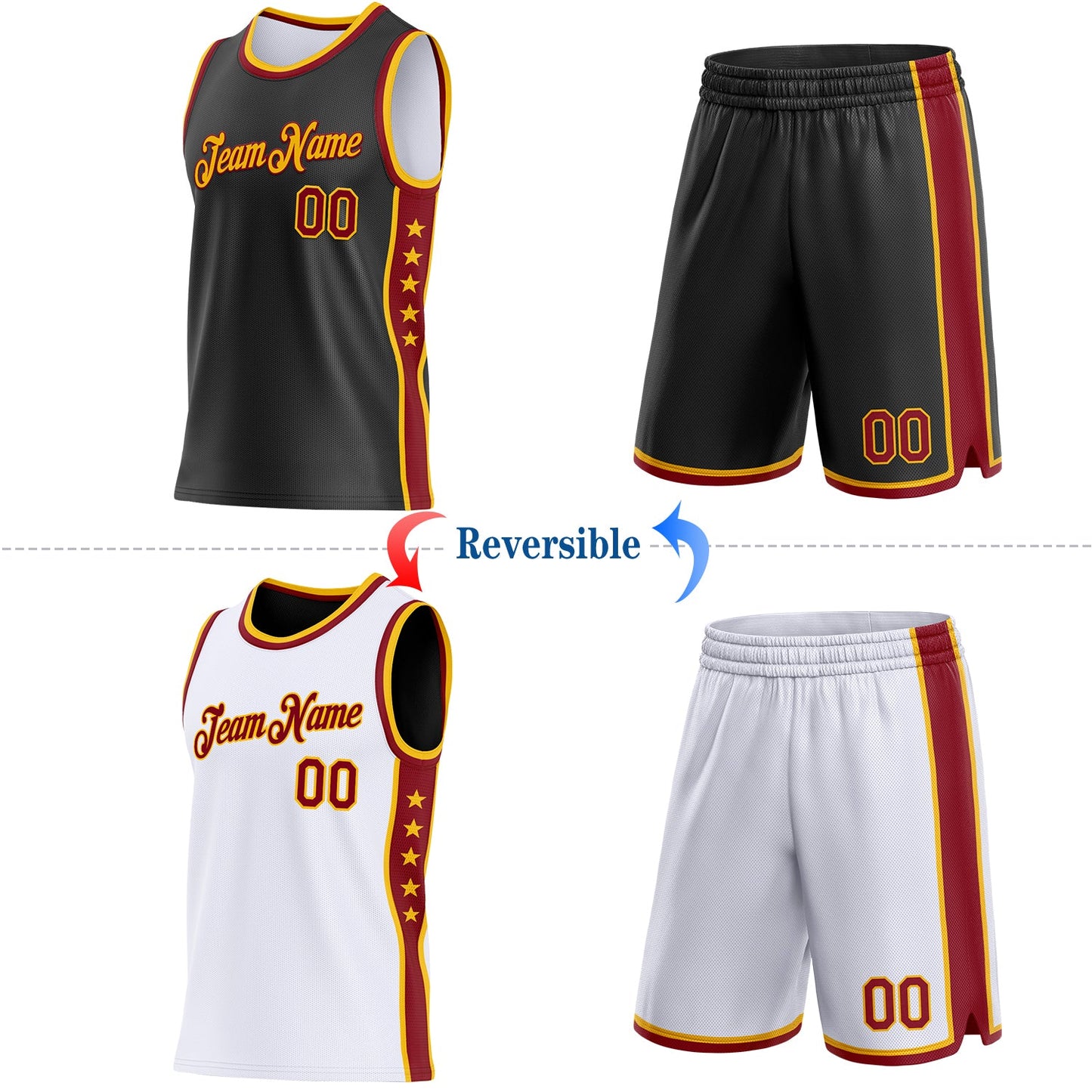 Custom Reversible Black Crimson-Gold Double Side Star Sublimation Basketball Set Jersey view 2