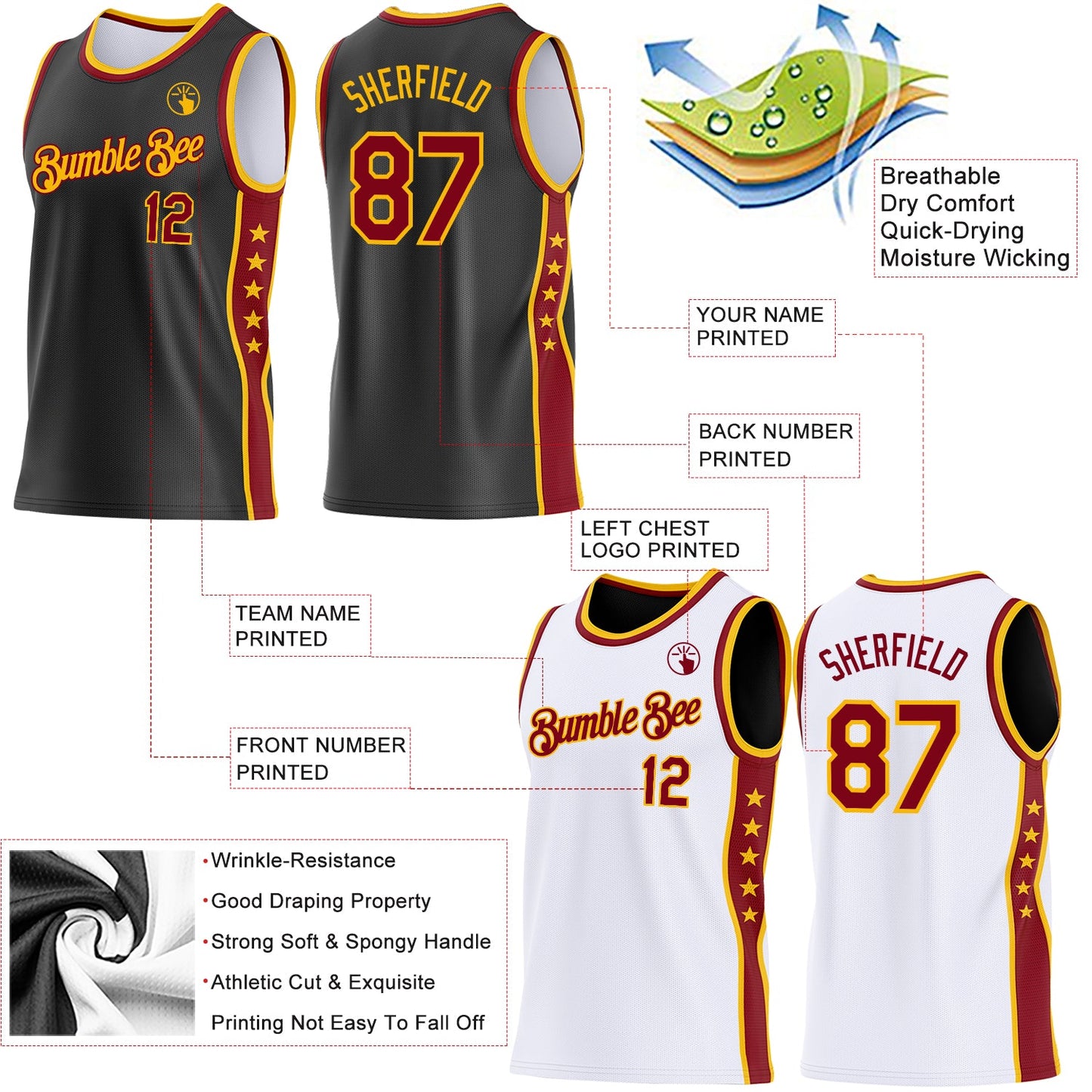 Custom Reversible Black Crimson-Gold Double Side Star Sublimation Basketball Set Jersey view 5
