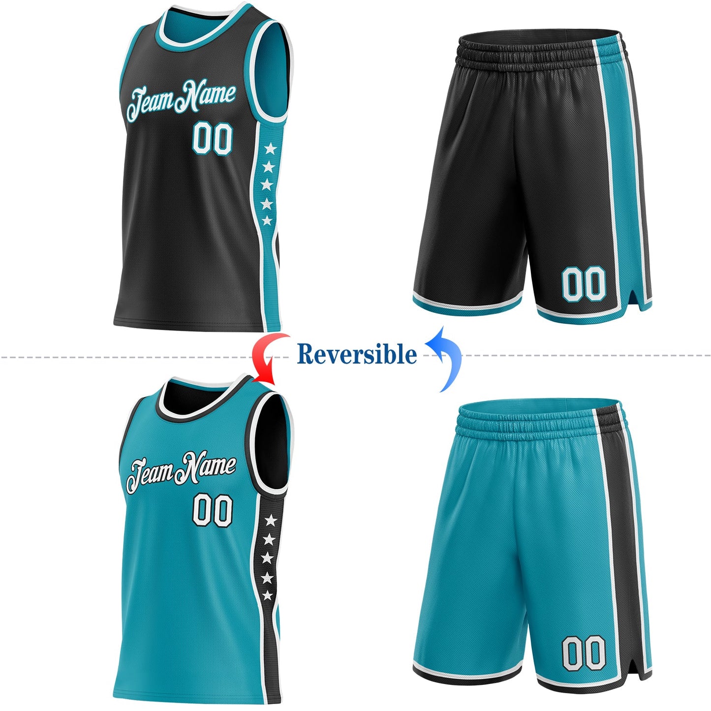 Custom Reversible Black White-Teal Double Side Star Sublimation Basketball Set Jersey view 2
