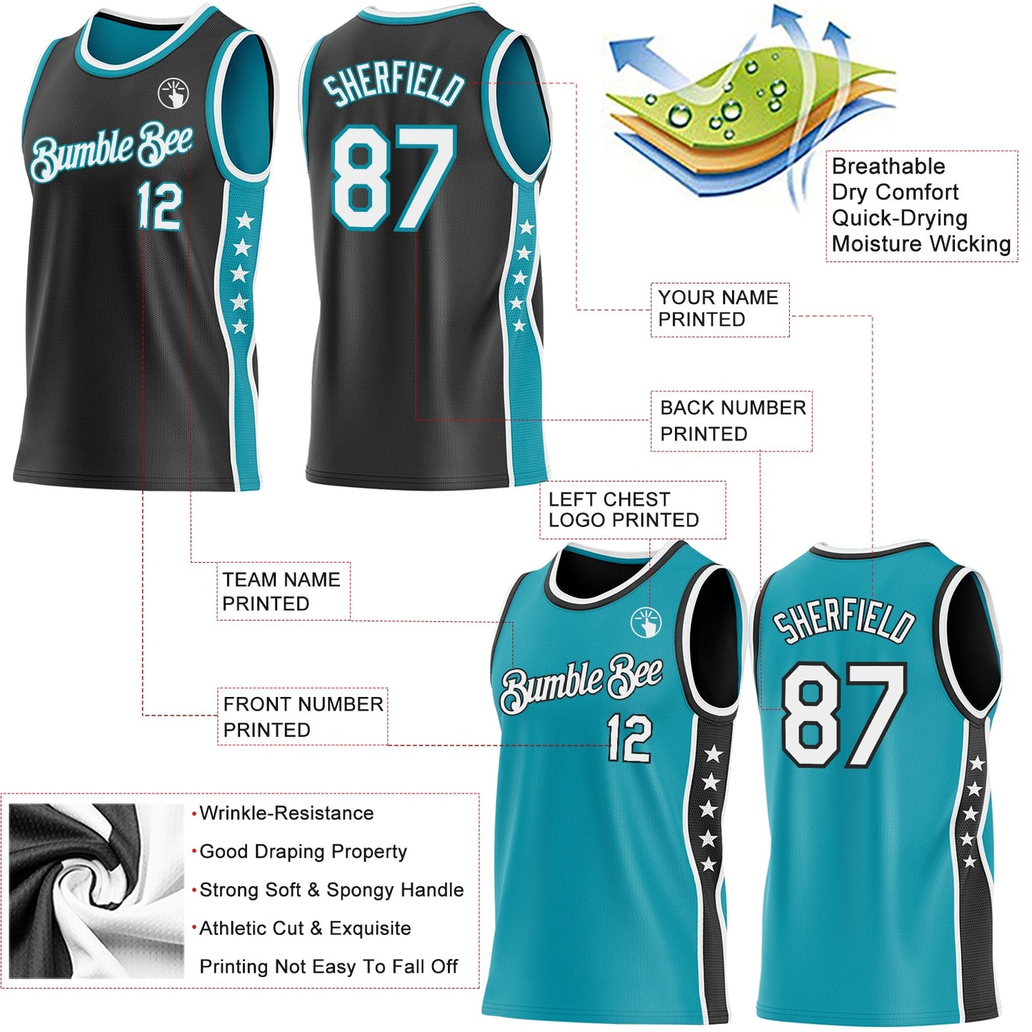 Custom Reversible Black White-Teal Double Side Star Sublimation Basketball Set Jersey view 5