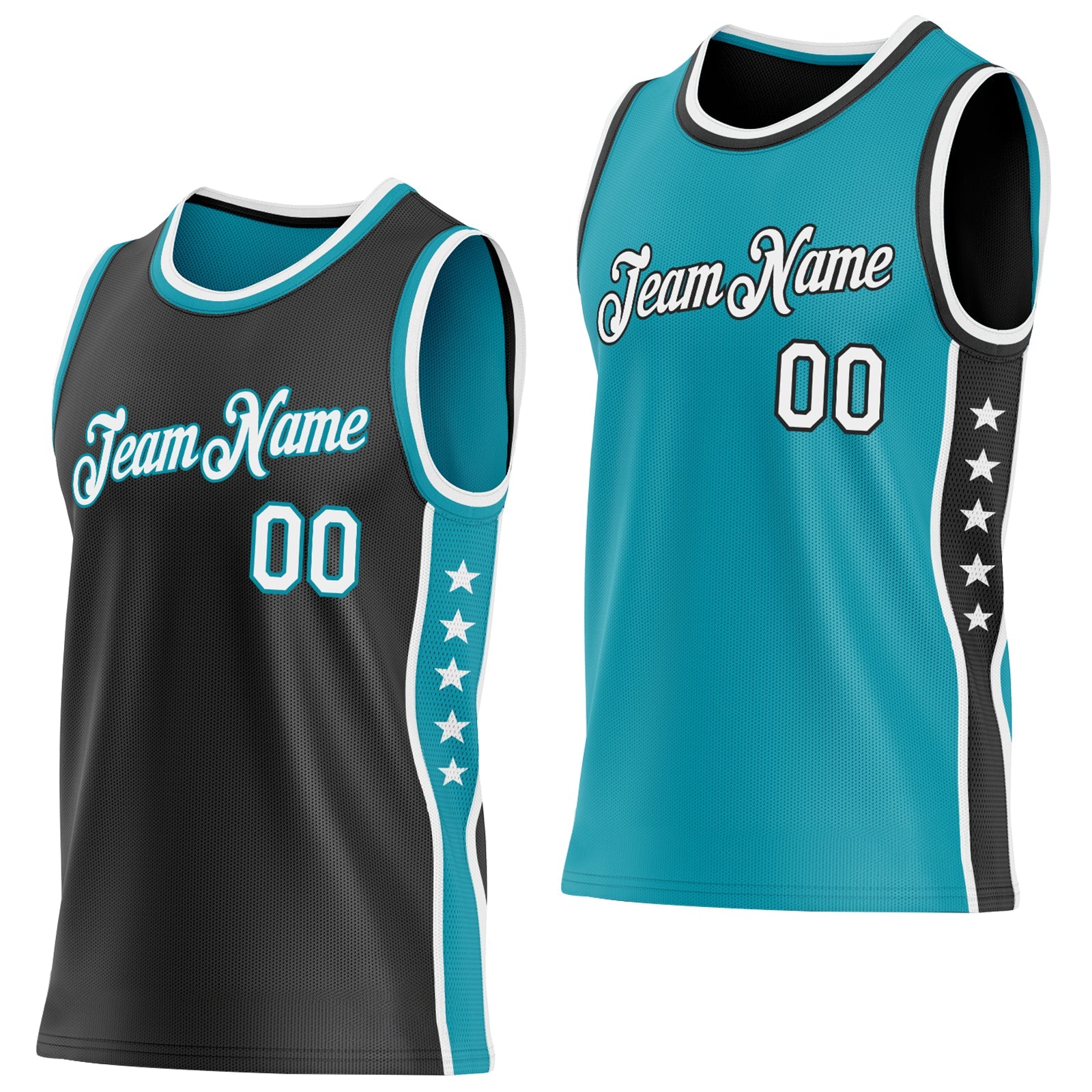 Custom Reversible Black White-Teal Double Side Star Sublimation Basketball Set Jersey - Main View