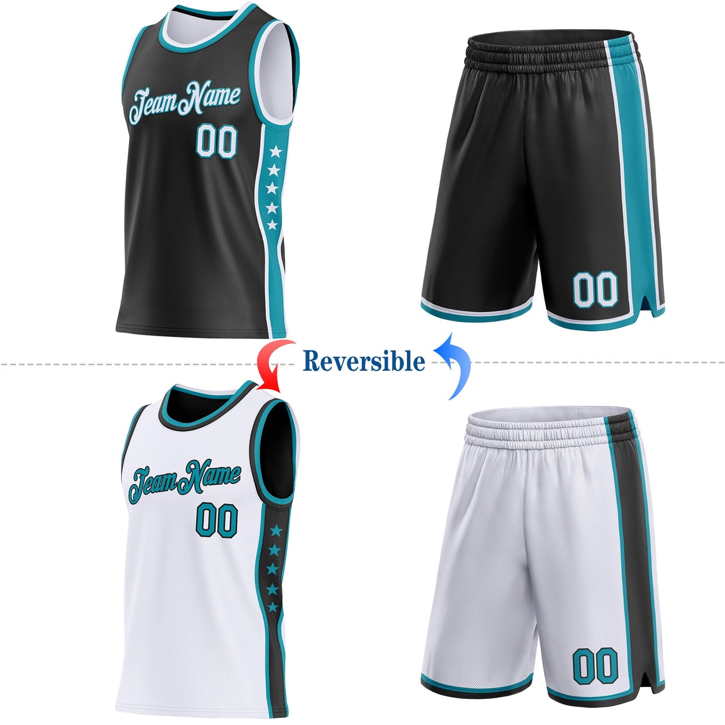 Custom Reversible Black White-Teal Double Side Star Sublimation Basketball Set Jersey view 2