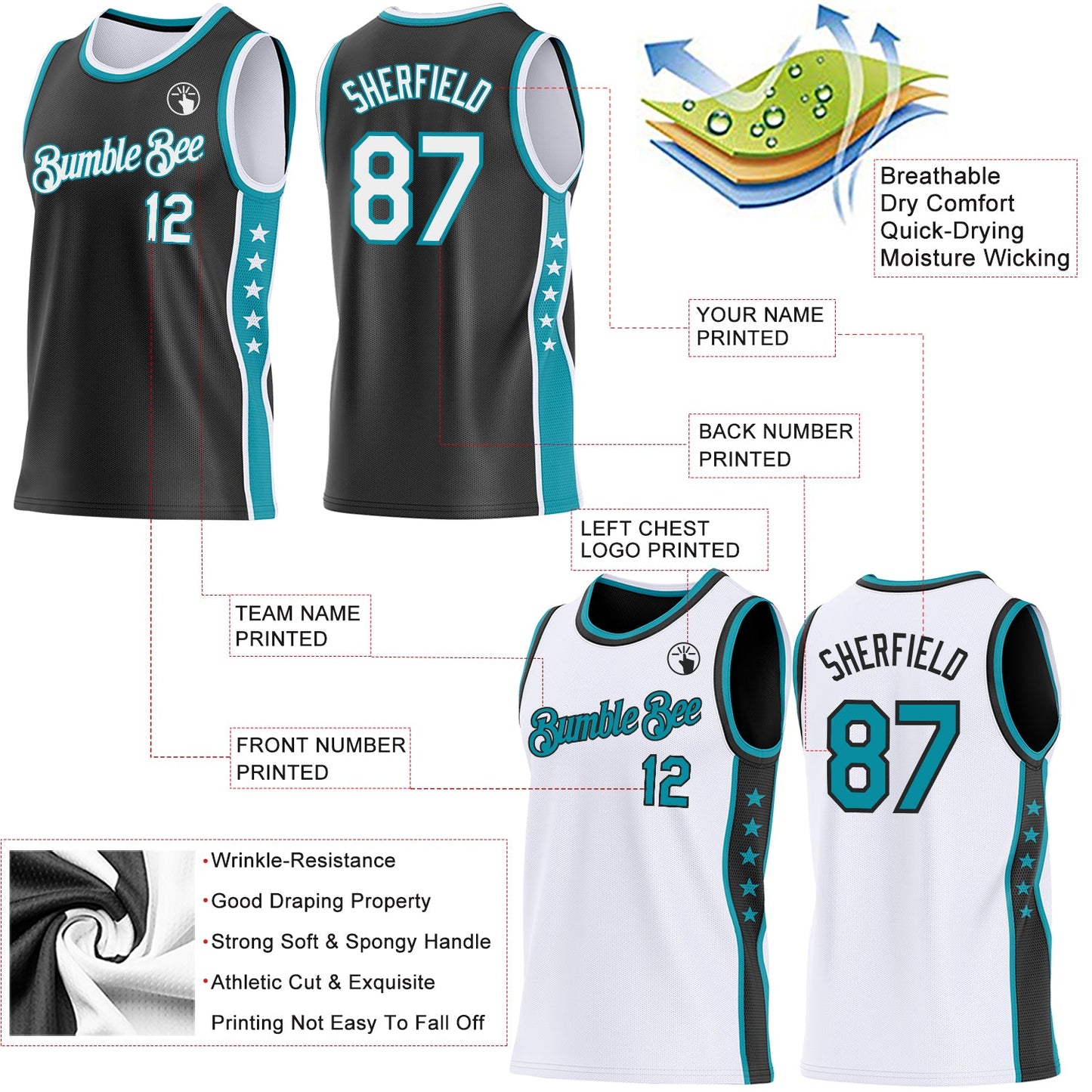 Custom Reversible Black White-Teal Double Side Star Sublimation Basketball Set Jersey view 5