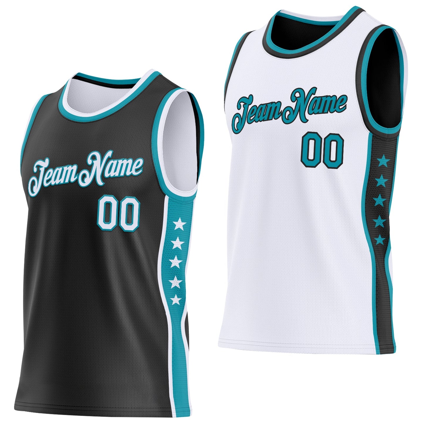 Custom Reversible Black White-Teal Double Side Star Sublimation Basketball Set Jersey - Main View