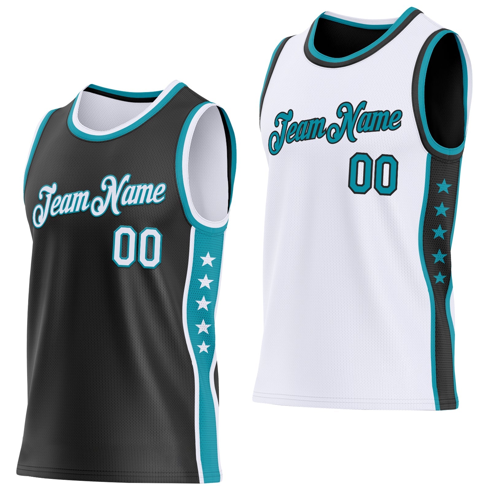 Custom Reversible Black White-Teal Double Side Star Sublimation Basketball Set Jersey - Main View