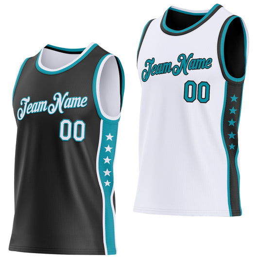 Custom Reversible Black White-Teal Double Side Star Sublimation Basketball Set Jersey - Main View