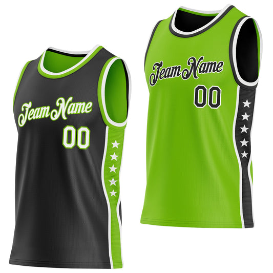 Custom Reversible Black White-Neon Green Double Side Star Sublimation Basketball Set Jersey - Main View