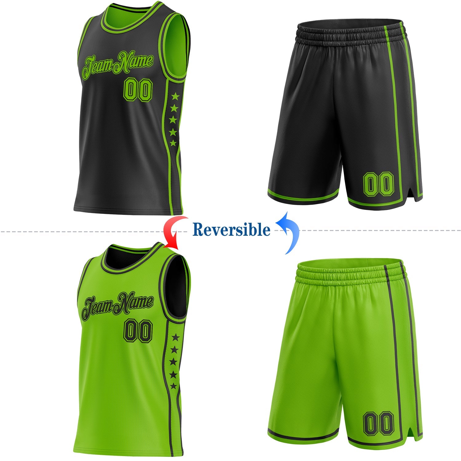 Custom Reversible Black Neon Green Double Side Star Sublimation Basketball Set Jersey view 2