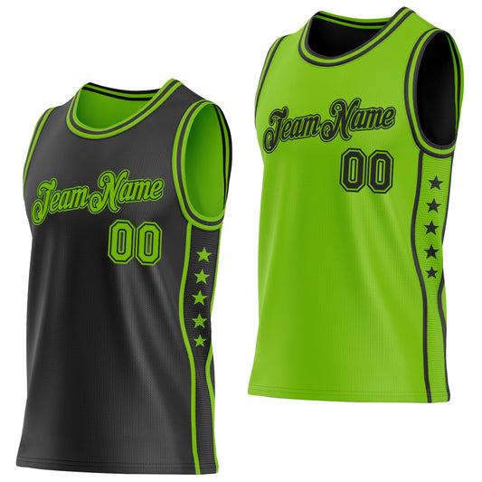 Custom Reversible Black Neon Green Double Side Star Sublimation Basketball Set Jersey - Main View