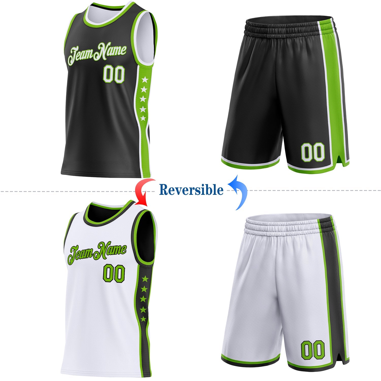 Custom Reversible Black White-Neon Green Double Side Star Sublimation Basketball Set Jersey view 2