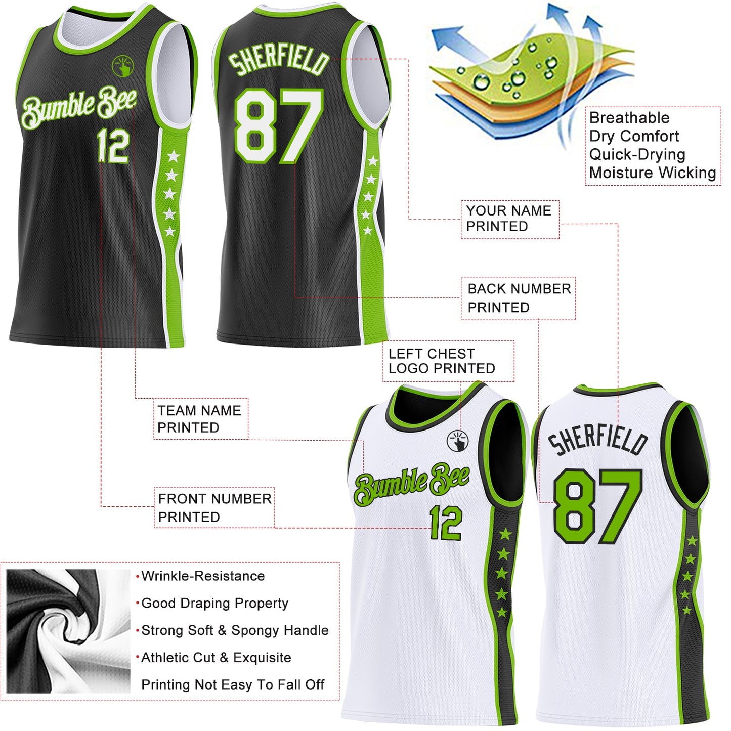 Custom Reversible Black White-Neon Green Double Side Star Sublimation Basketball Set Jersey view 5