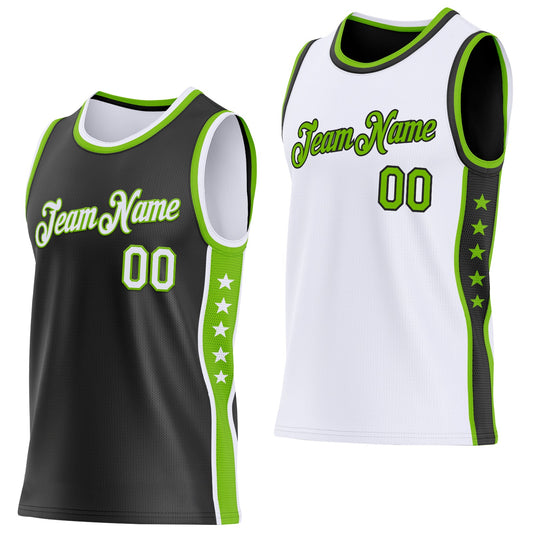 Custom Reversible Black White-Neon Green Double Side Star Sublimation Basketball Set Jersey - Main View