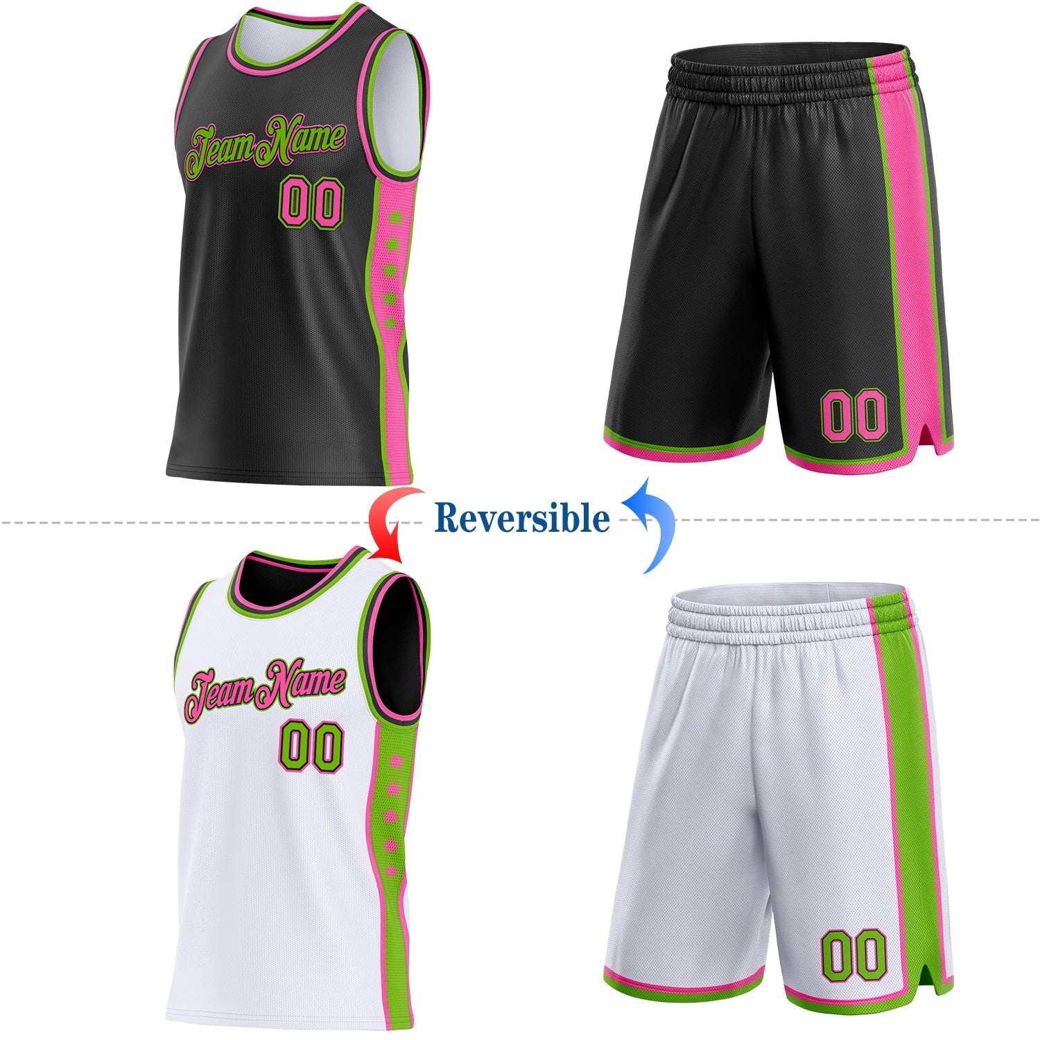 Custom Reversible Black Pink-Neon Green Double Side Star Sublimation Basketball Set Jersey view 2