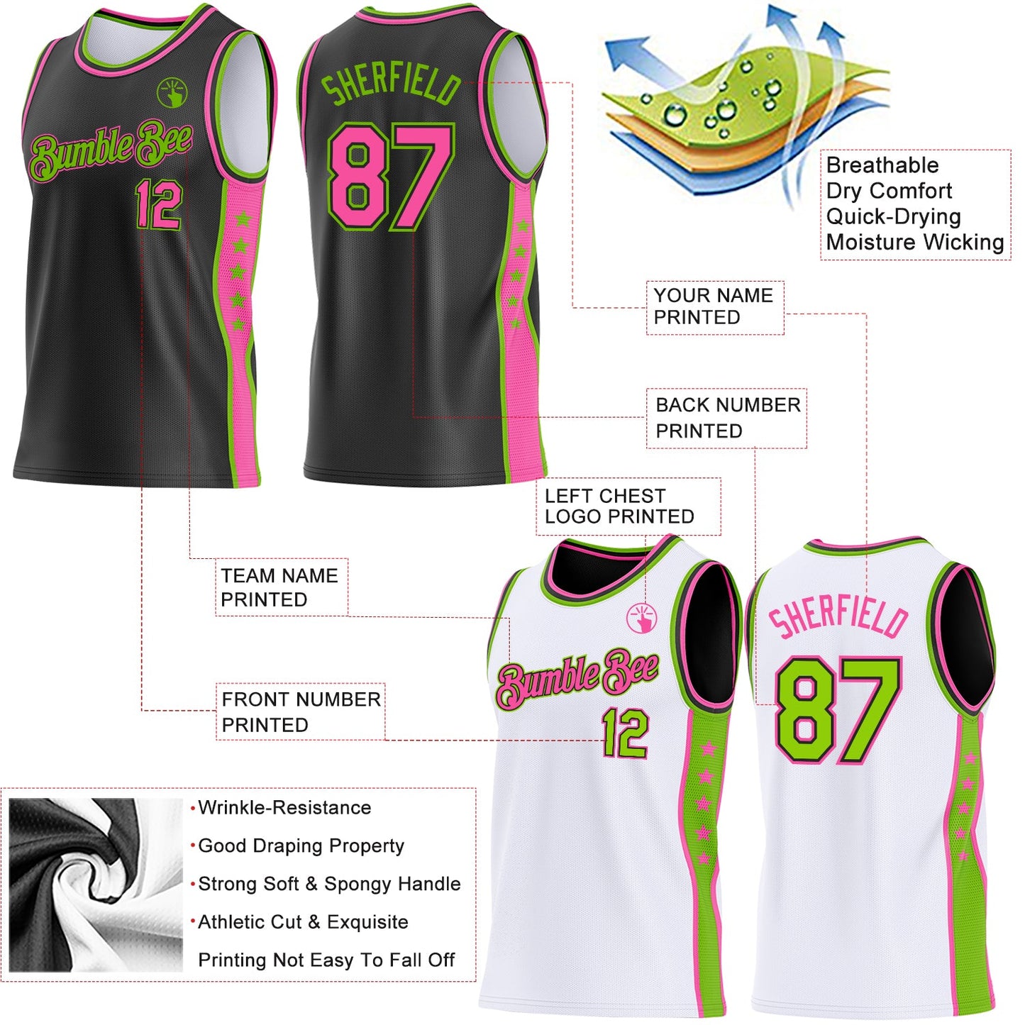 Custom Reversible Black Pink-Neon Green Double Side Star Sublimation Basketball Set Jersey view 5