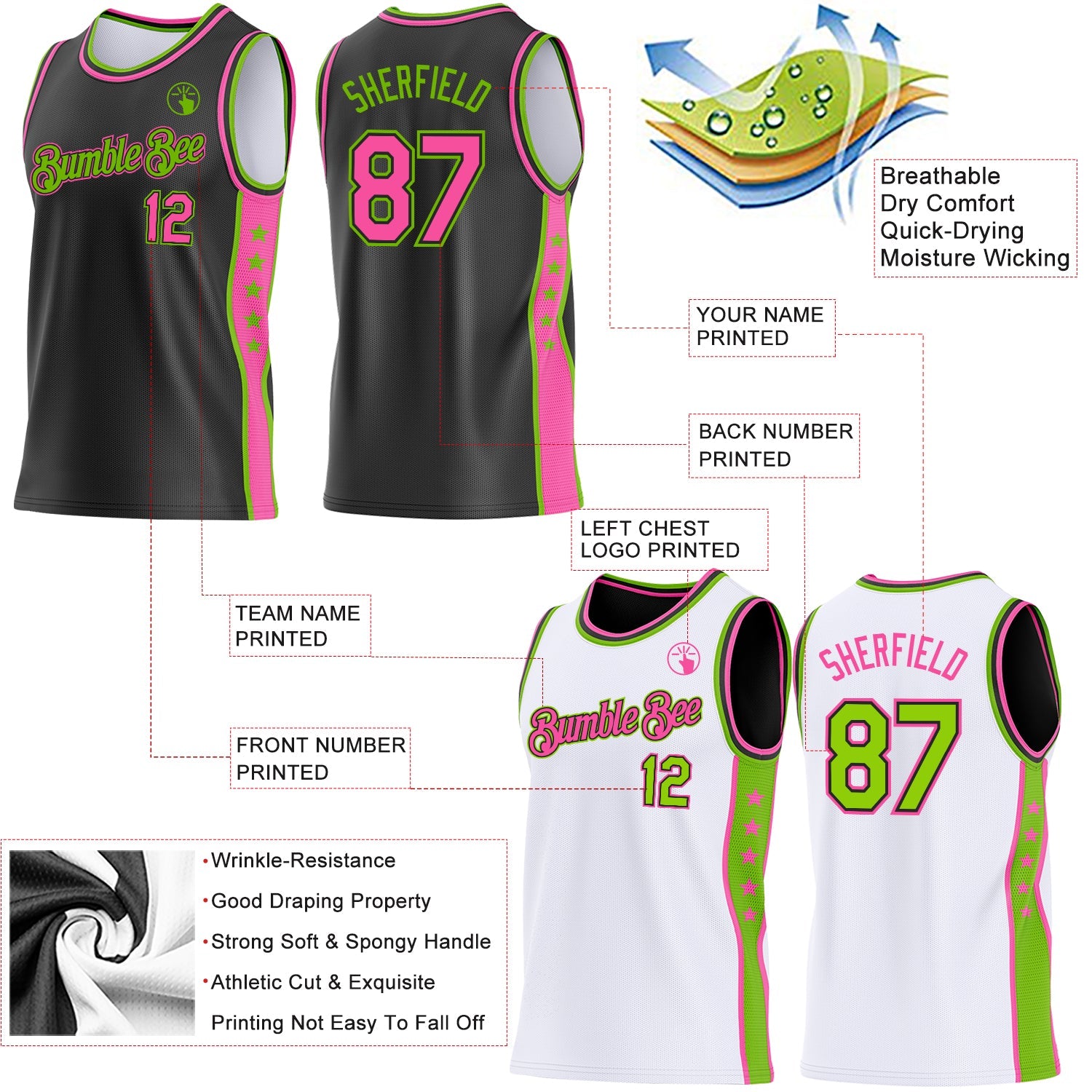 Custom Reversible Black Pink-Neon Green Double Side Star Sublimation Basketball Set Jersey view 5