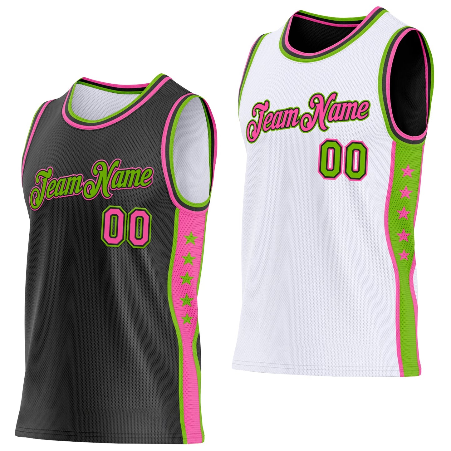 Custom Reversible Black Pink-Neon Green Double Side Star Sublimation Basketball Set Jersey - Main View