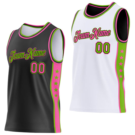 Custom Reversible Black Pink-Neon Green Double Side Star Sublimation Basketball Set Jersey - Main View