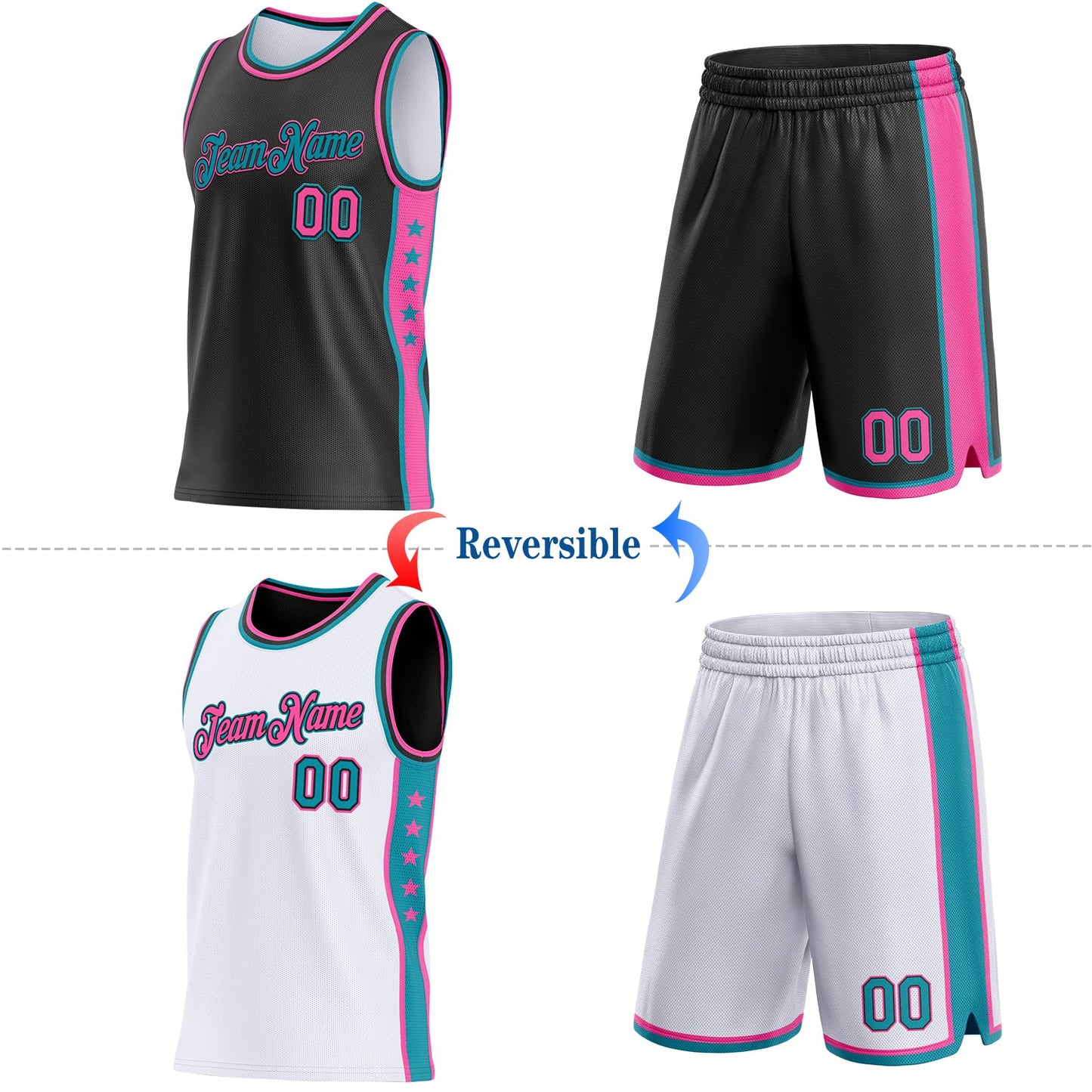 Custom Reversible Black Pink-Teal Double Side Star Sublimation Basketball Set Jersey view 2