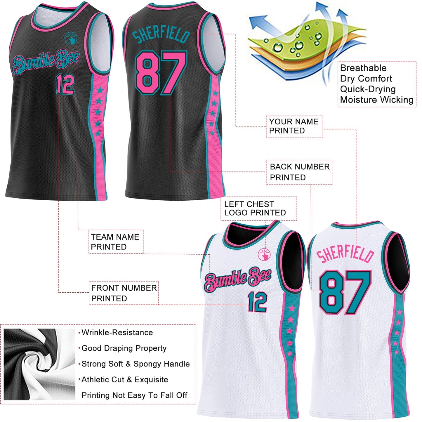 Custom Reversible Black Pink-Teal Double Side Star Sublimation Basketball Set Jersey view 5