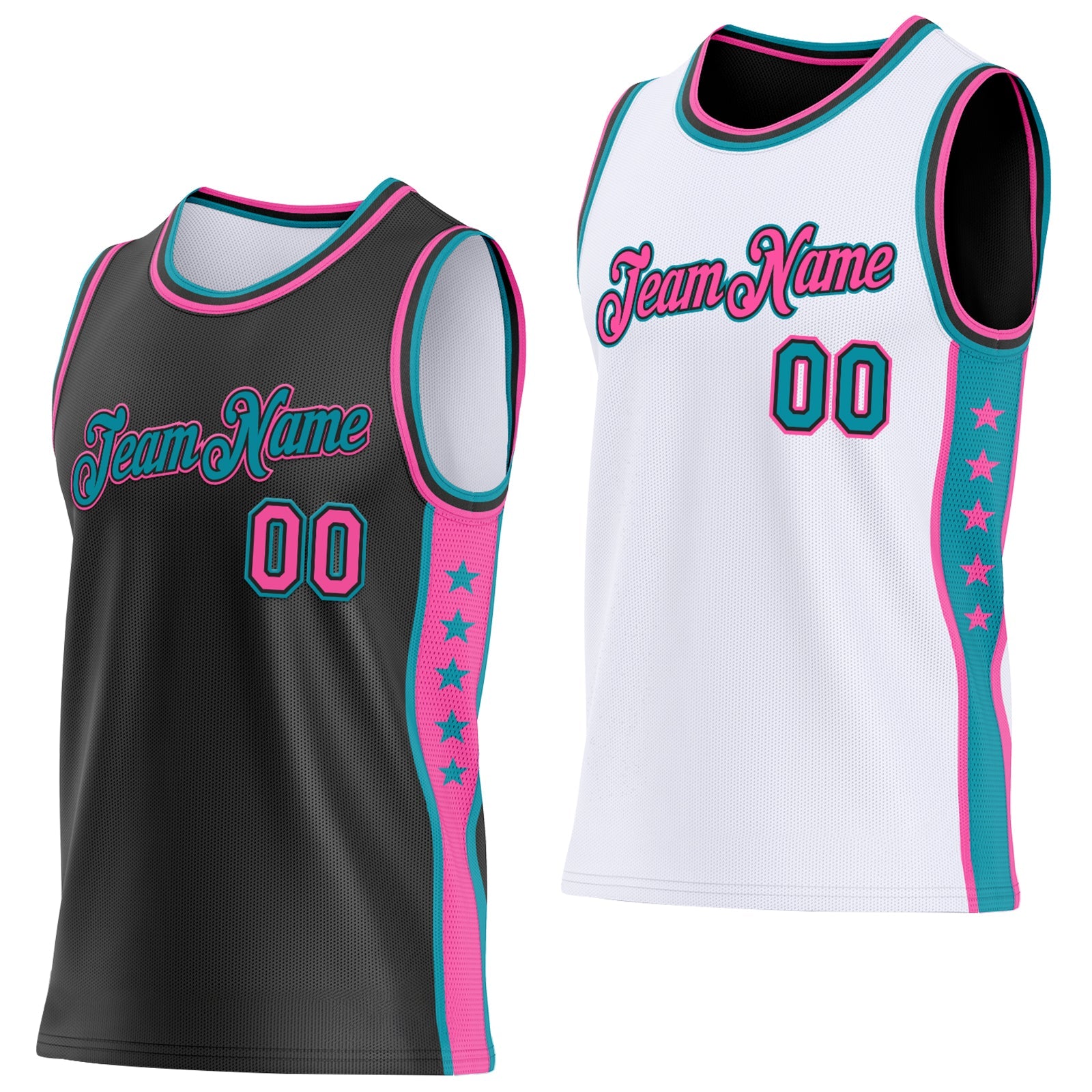 Custom Reversible Black Pink-Teal Double Side Star Sublimation Basketball Set Jersey - Main View