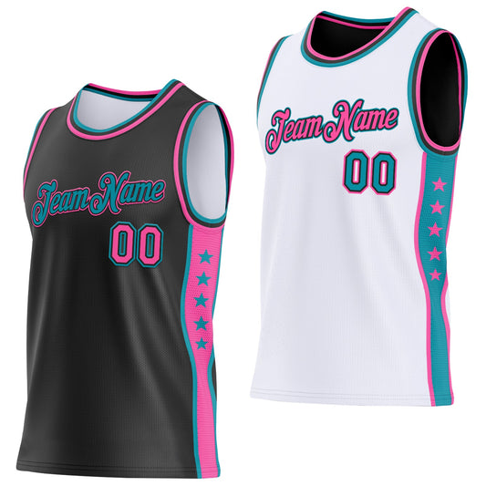 Custom Reversible Black Pink-Teal Double Side Star Sublimation Basketball Set Jersey - Main View