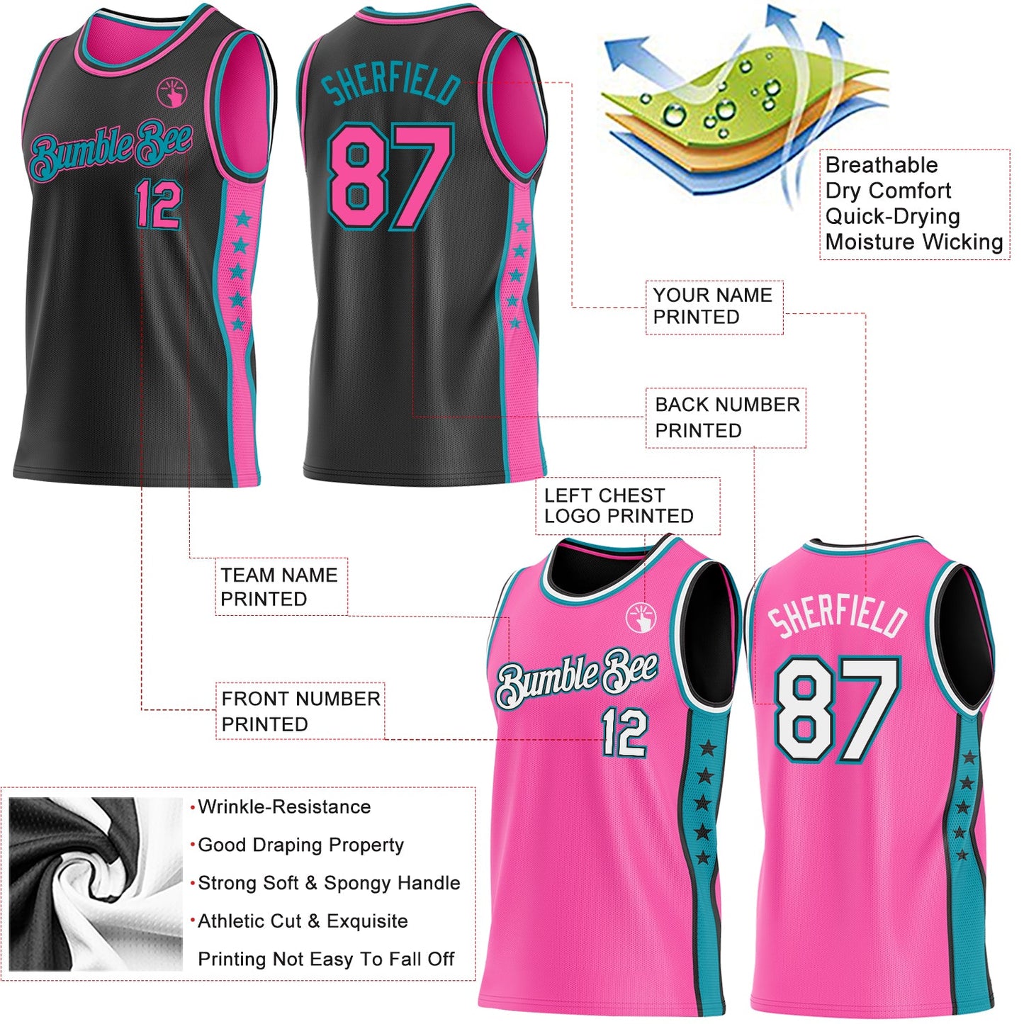 Custom Reversible Black Pink-Teal Double Side Star Sublimation Basketball Set Jersey view 5