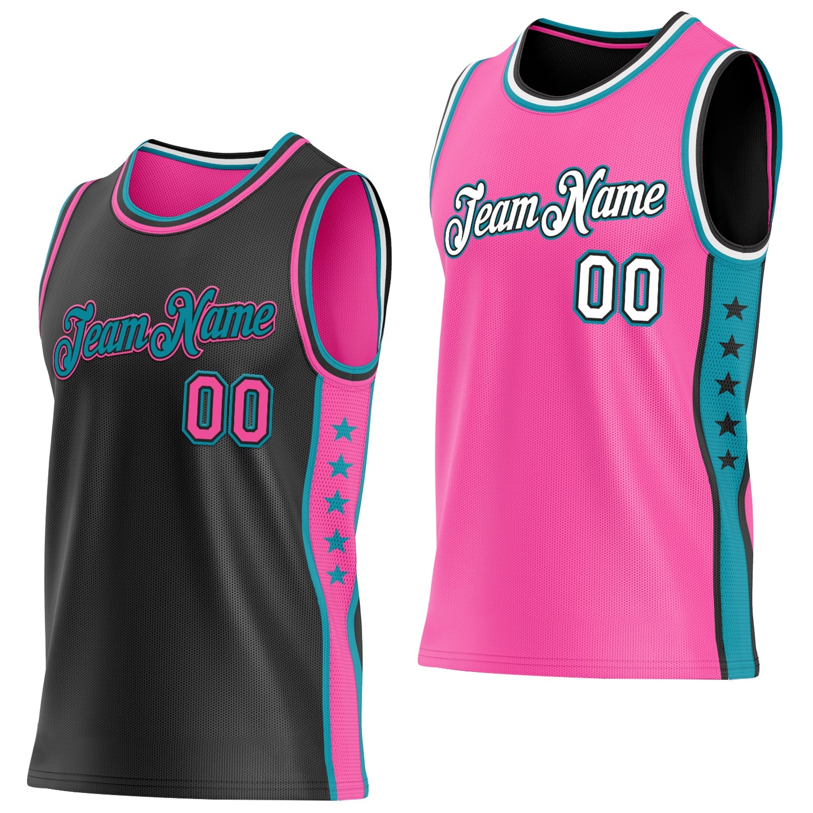Custom Reversible Black Pink-Teal Double Side Star Sublimation Basketball Set Jersey - Main View