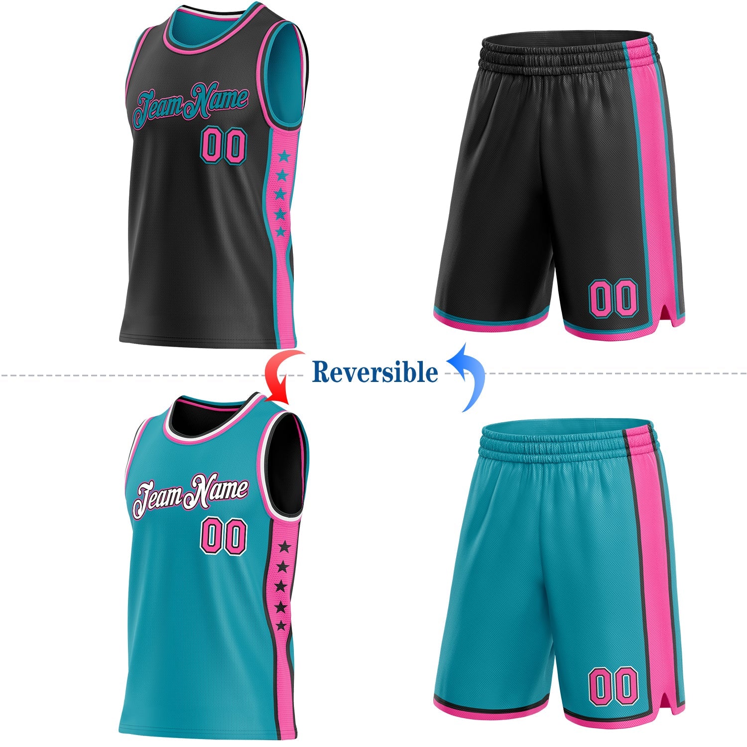 Custom Reversible Black Pink-Teal Double Side Star Sublimation Basketball Set Jersey view 2