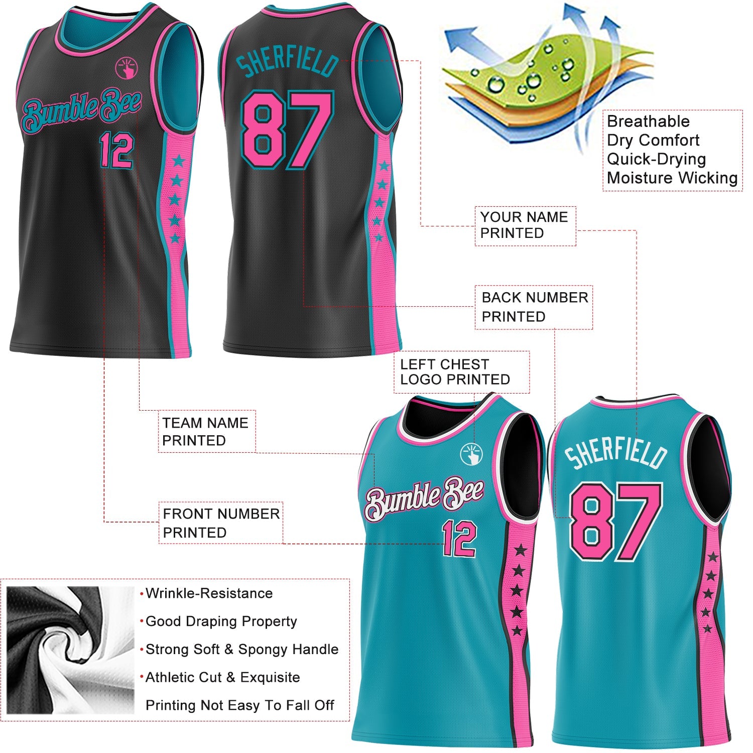 Custom Reversible Black Pink-Teal Double Side Star Sublimation Basketball Set Jersey view 5
