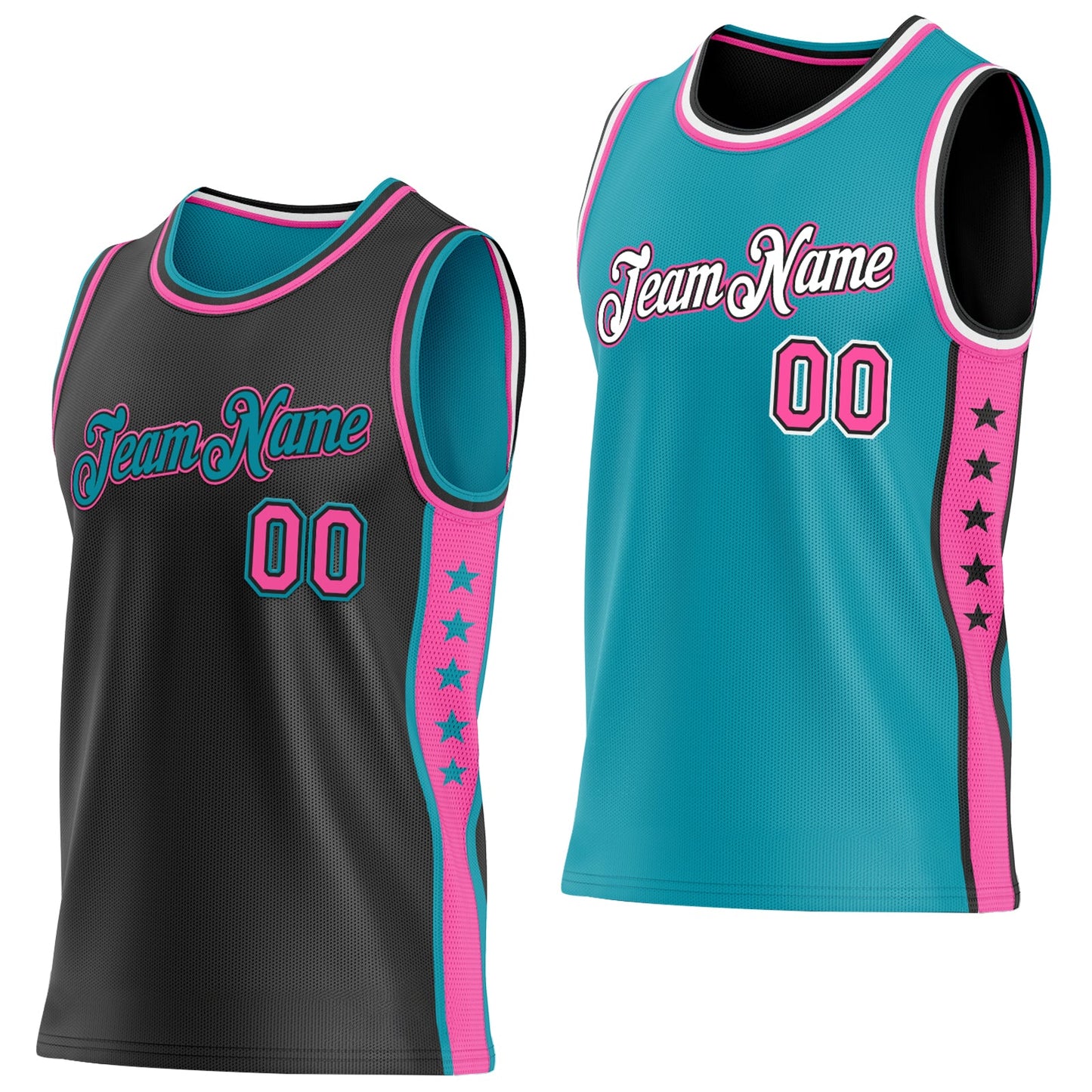 Custom Reversible Black Pink-Teal Double Side Star Sublimation Basketball Set Jersey - Main View