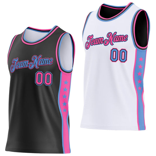 Custom Reversible Black Pink-Lakes Blue Double Side Star Sublimation Basketball Set Jersey - Main View