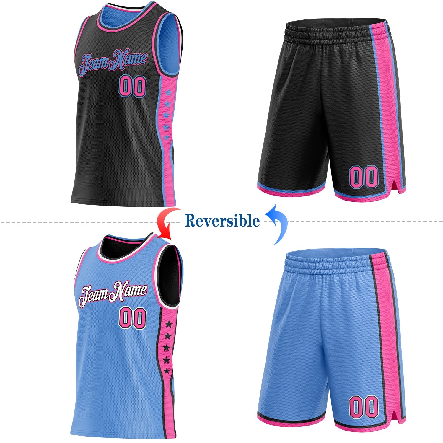 Custom Reversible Black Pink-Lakes Blue Double Side Star Sublimation Basketball Set Jersey view 2