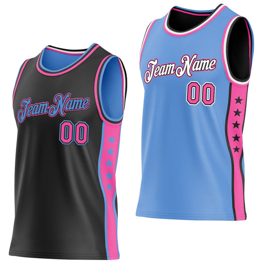 Custom Reversible Black Pink-Lakes Blue Double Side Star Sublimation Basketball Set Jersey - Main View