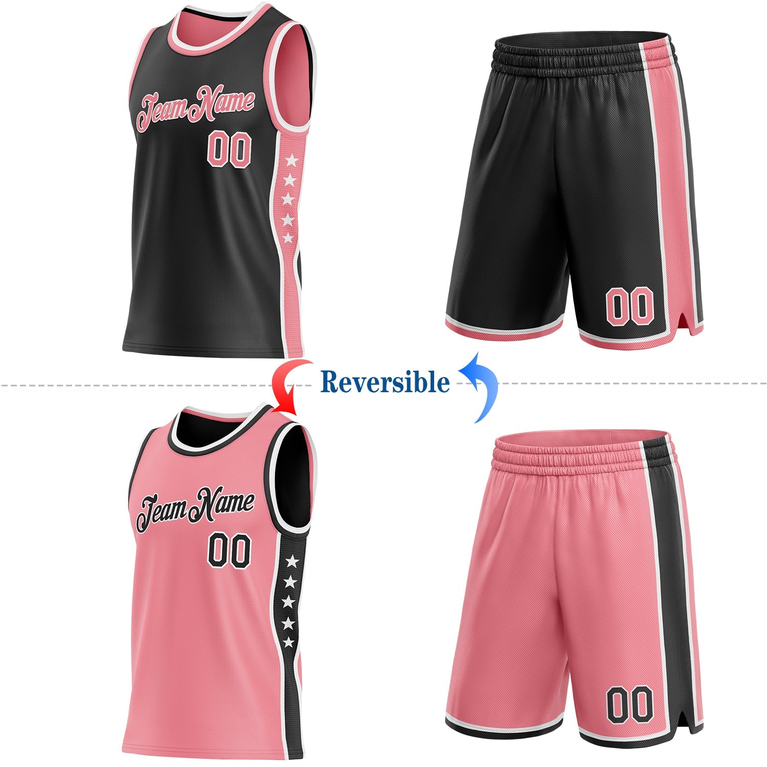 Custom Reversible Black Medium Pink-White Double Side Star Sublimation Basketball Set Jersey view 2