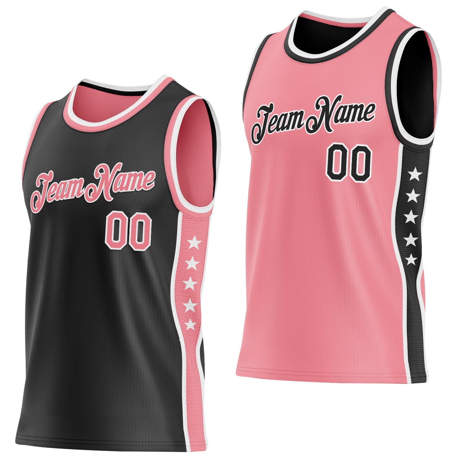 Custom Reversible Black Medium Pink-White Double Side Star Sublimation Basketball Set Jersey - Main View