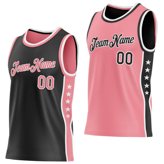 Custom Reversible Black Medium Pink-White Double Side Star Sublimation Basketball Set Jersey - Main View