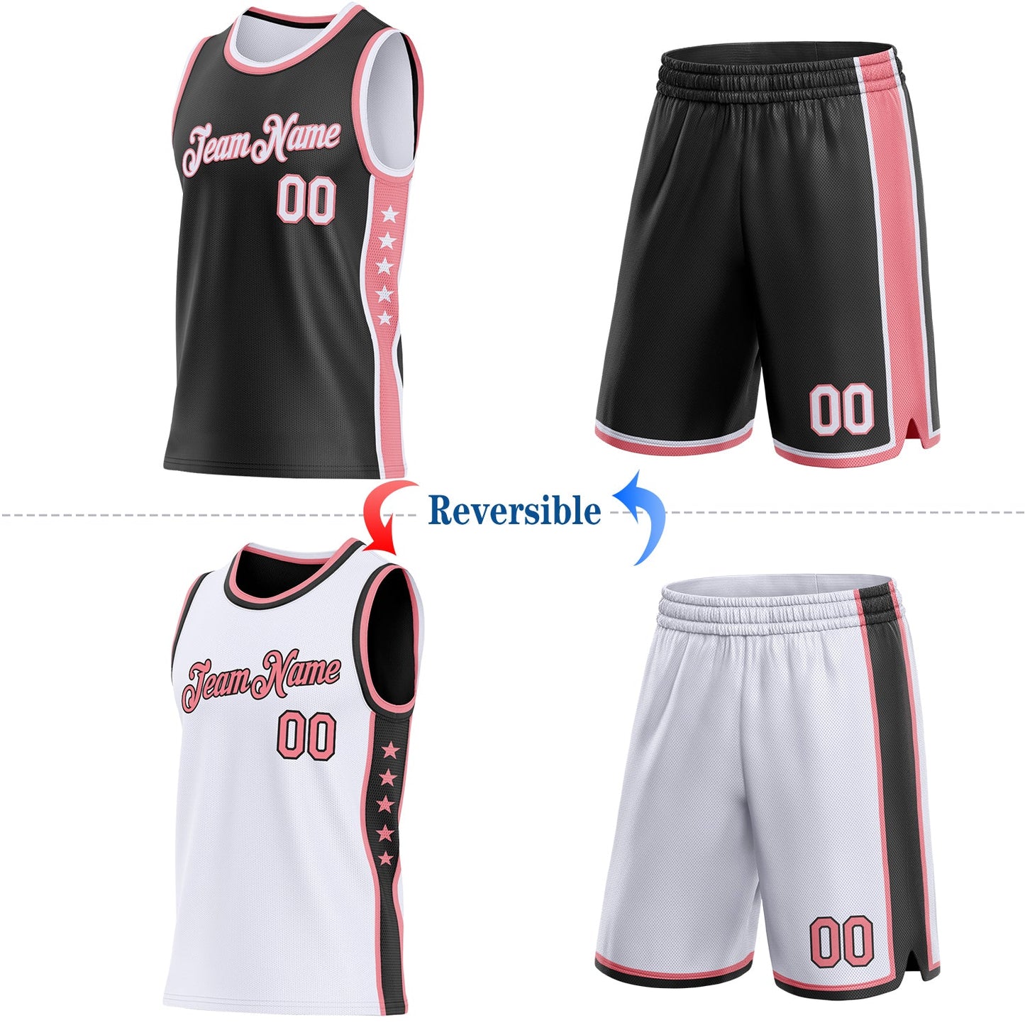 Custom Reversible Black White-Medium Pink Double Side Star Sublimation Basketball Set Jersey view 2