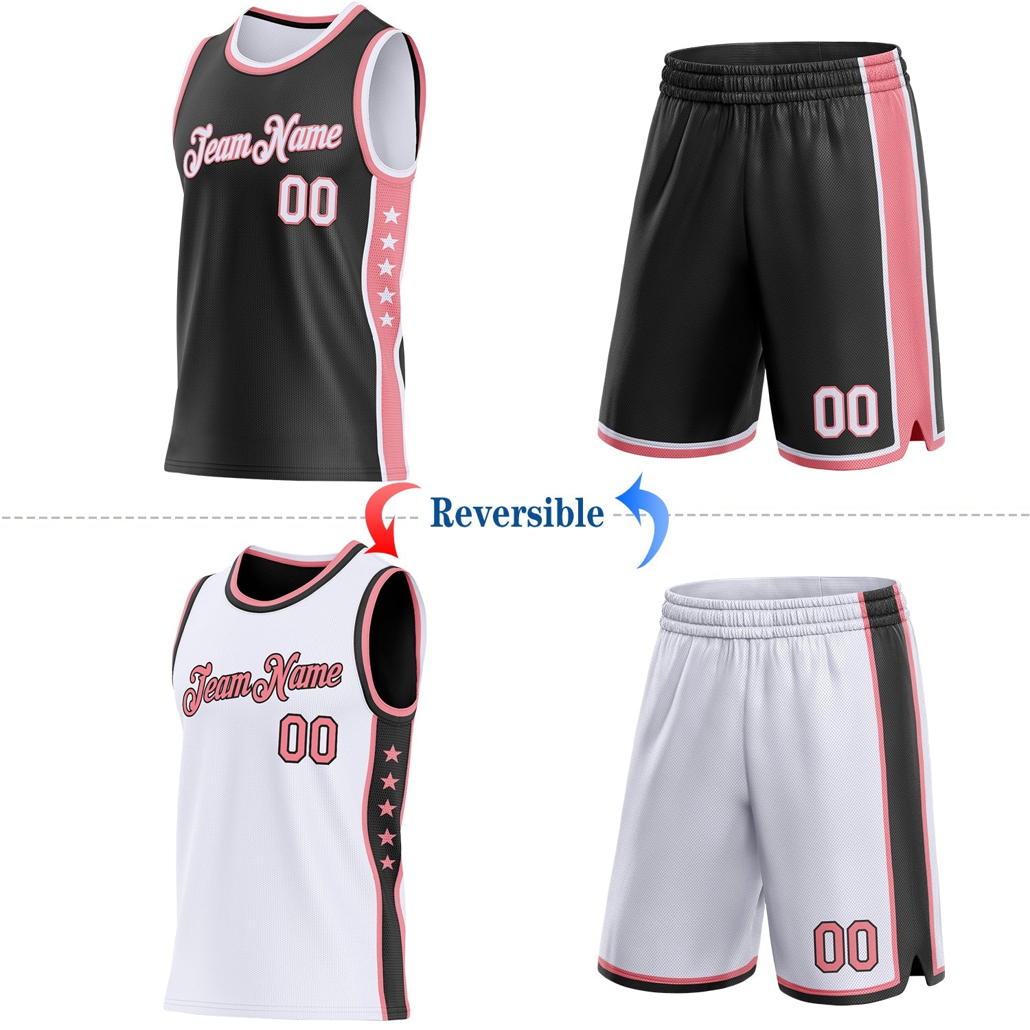Custom Reversible Black White-Medium Pink Double Side Star Sublimation Basketball Set Jersey view 2