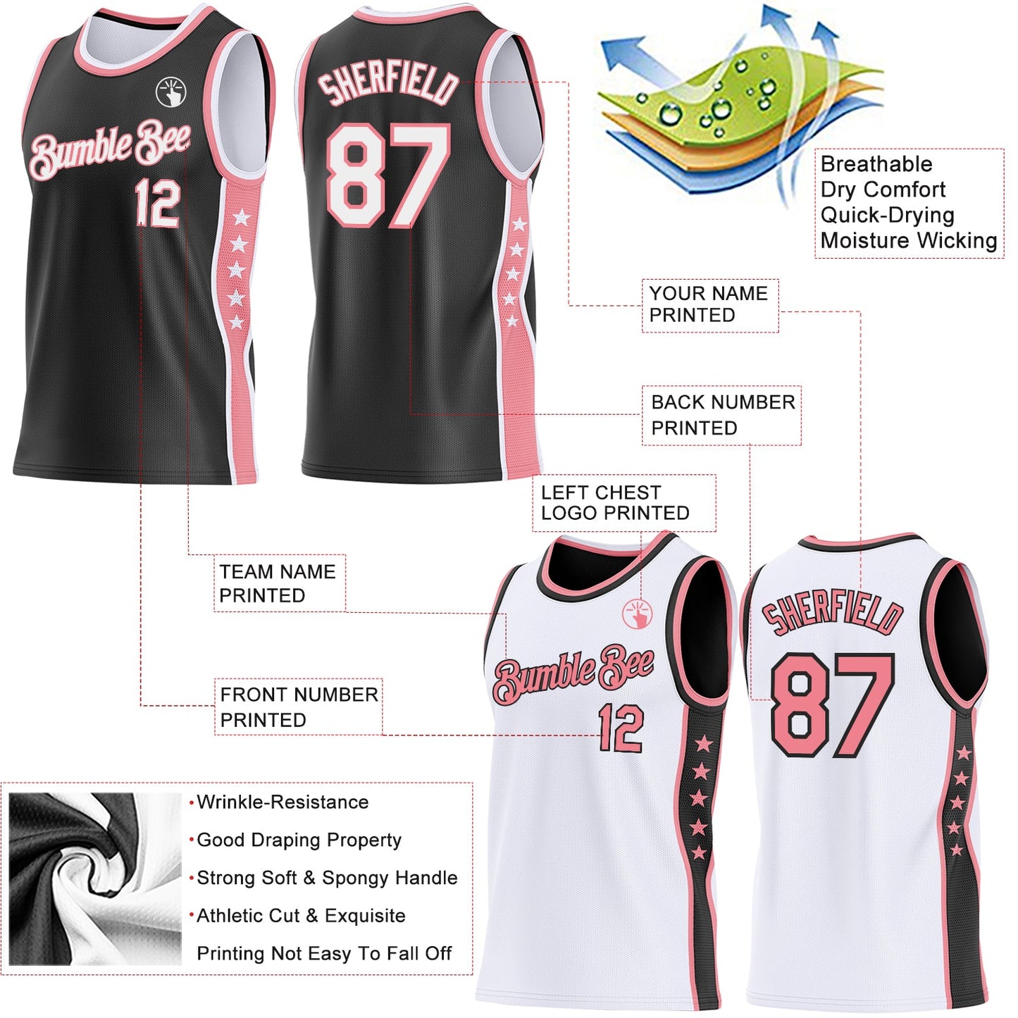 Custom Reversible Black White-Medium Pink Double Side Star Sublimation Basketball Set Jersey view 5